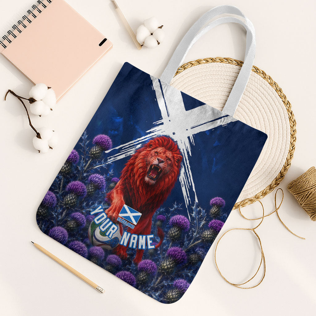 Personalized Scotland Red Lion Soccer Tote Bag Scottish Saltire Flag Purple Thistle Cheering Fans