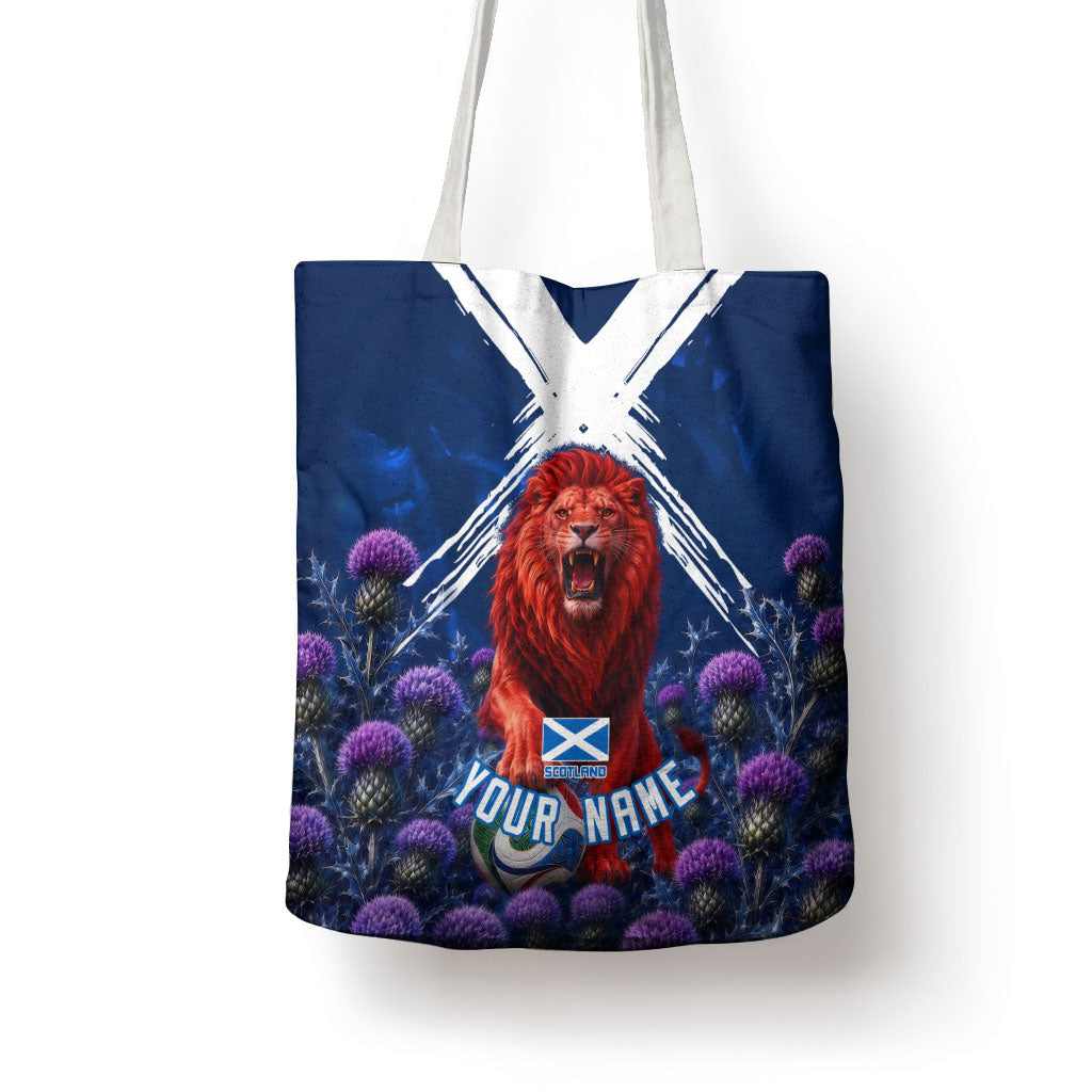 Personalized Scotland Red Lion Soccer Tote Bag Scottish Saltire Flag Purple Thistle Cheering Fans