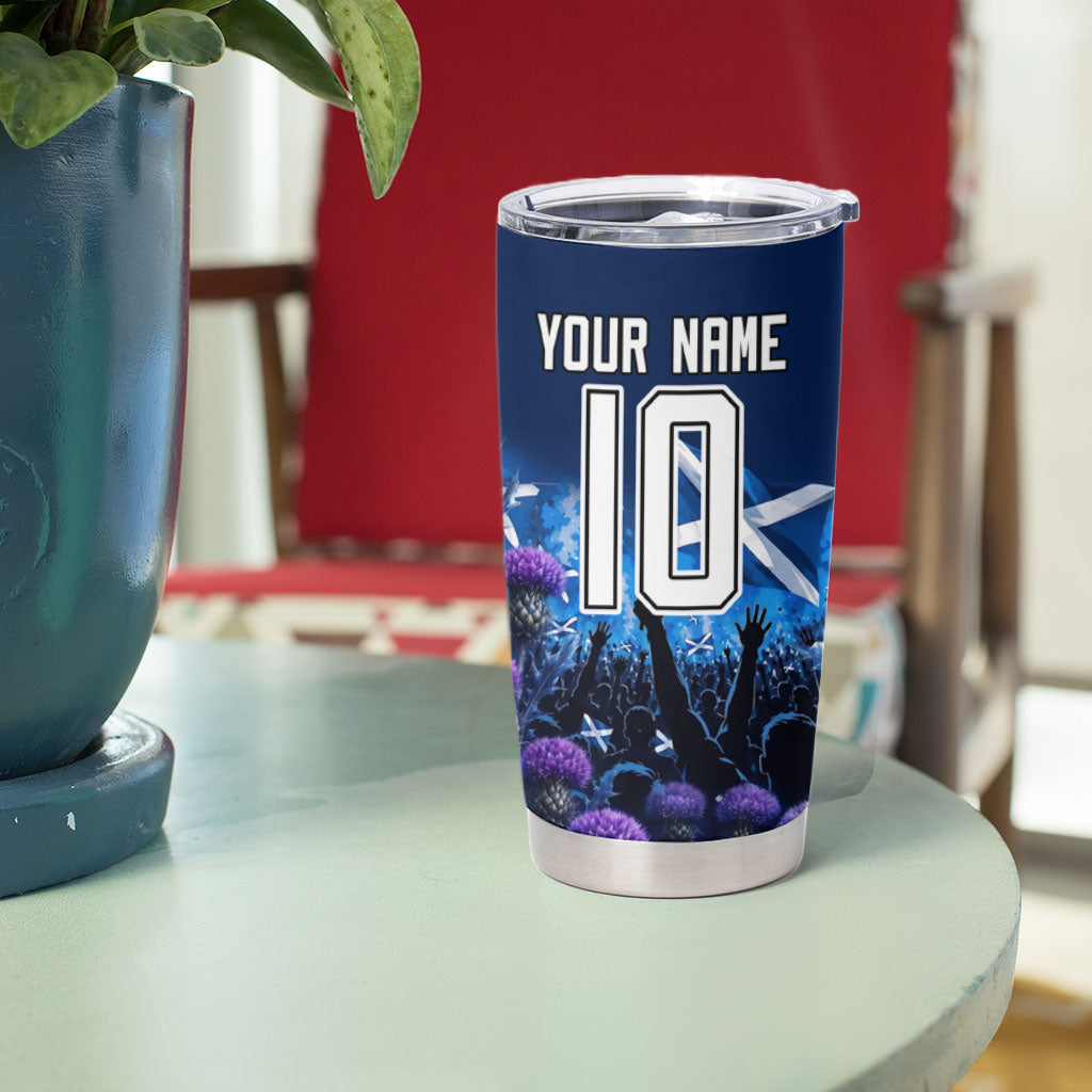 Personalized Scotland Red Lion Soccer Tumbler Cup Scottish Saltire Flag Purple Thistle Cheering Fans
