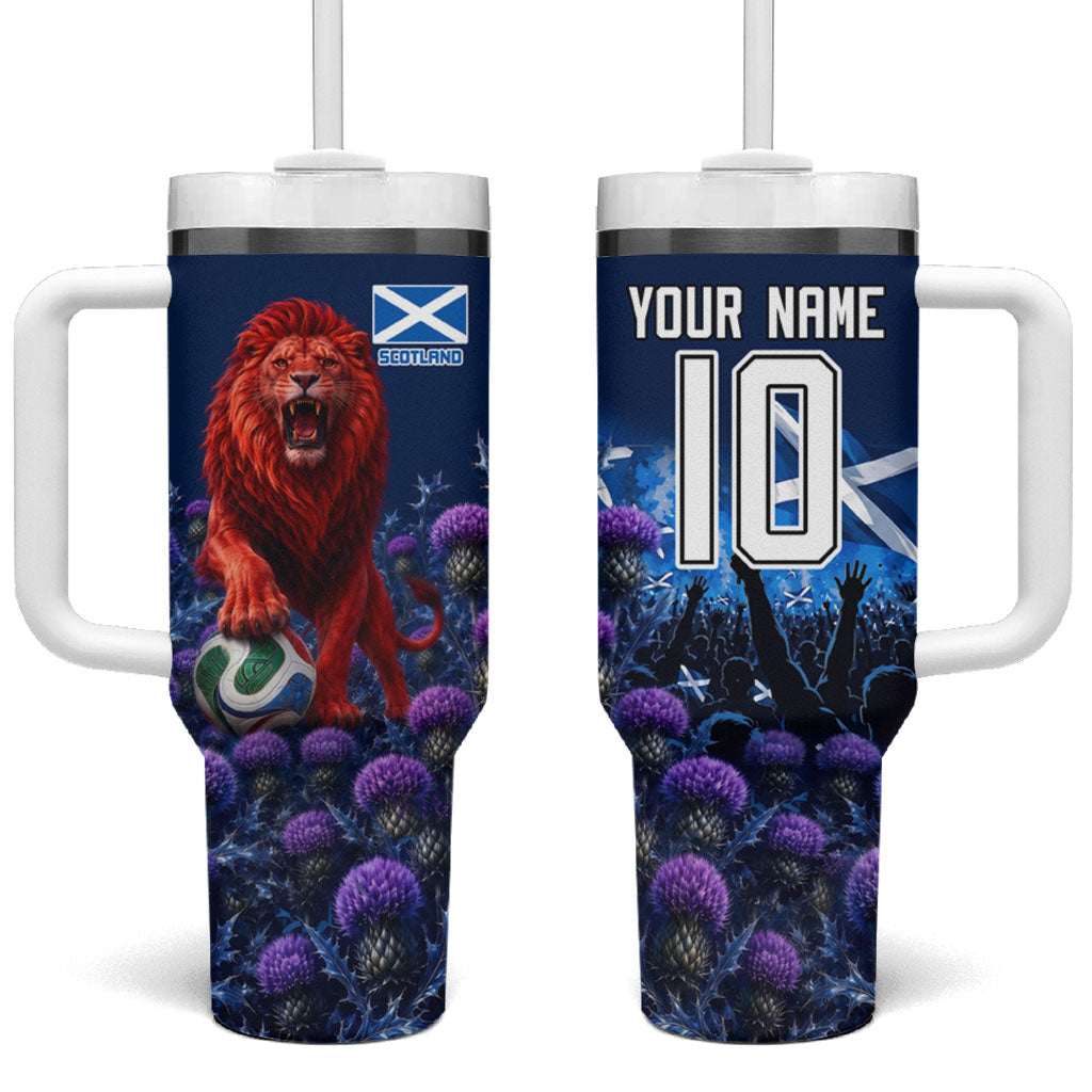 Personalized Scotland Red Lion Soccer Tumbler With Handle Scottish Saltire Flag Purple Thistle Cheering Fans
