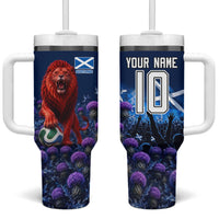 Personalized Scotland Red Lion Soccer Tumbler With Handle Scottish Saltire Flag Purple Thistle Cheering Fans