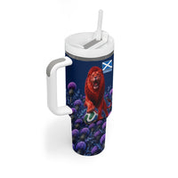 Personalized Scotland Red Lion Soccer Tumbler With Handle Scottish Saltire Flag Purple Thistle Cheering Fans