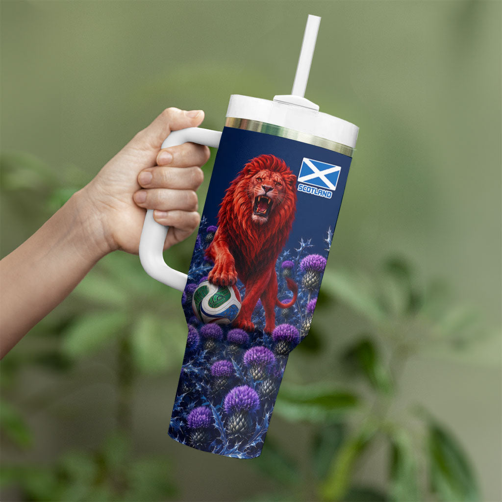 Personalized Scotland Red Lion Soccer Tumbler With Handle Scottish Saltire Flag Purple Thistle Cheering Fans