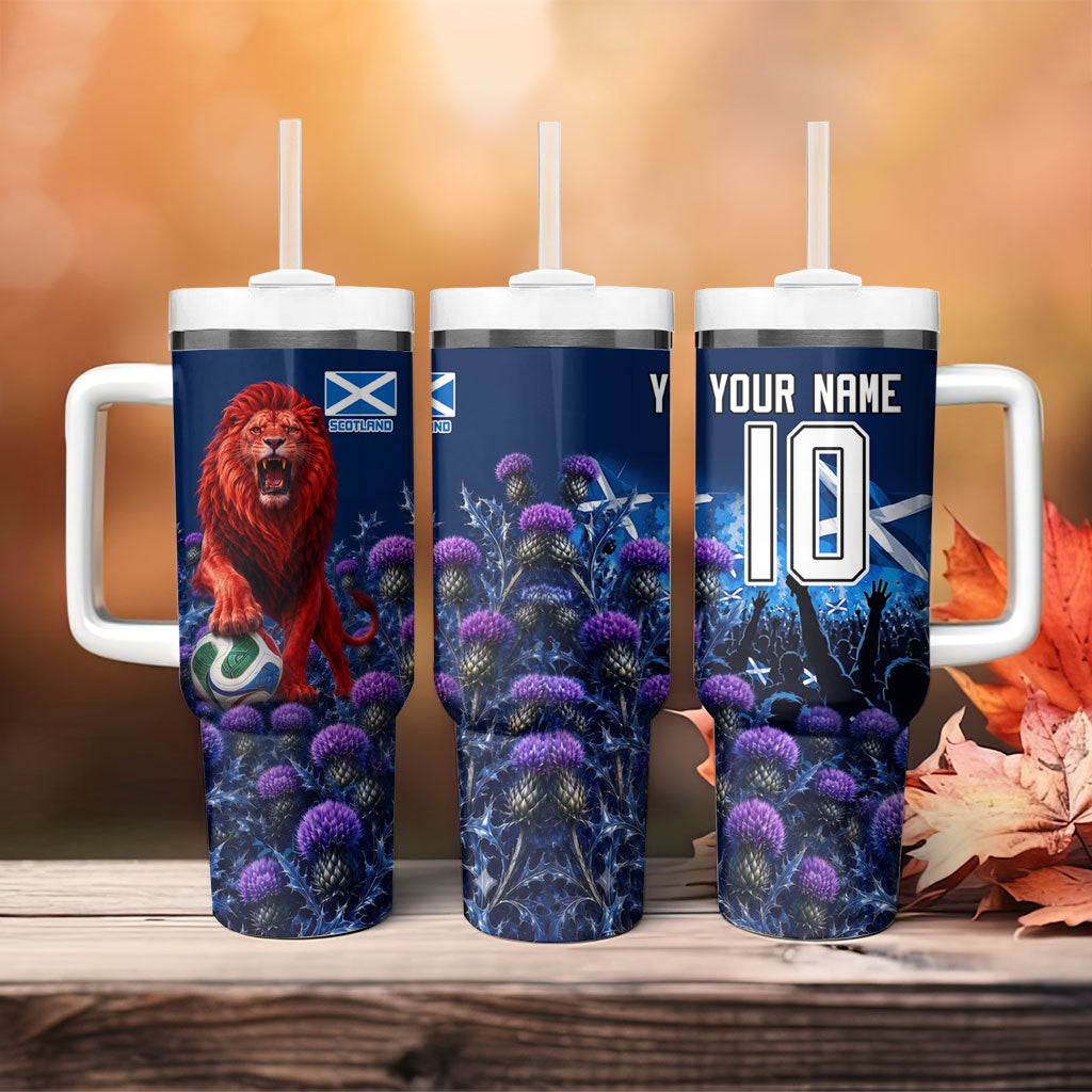 Personalized Scotland Red Lion Soccer Tumbler With Handle Scottish Saltire Flag Purple Thistle Cheering Fans
