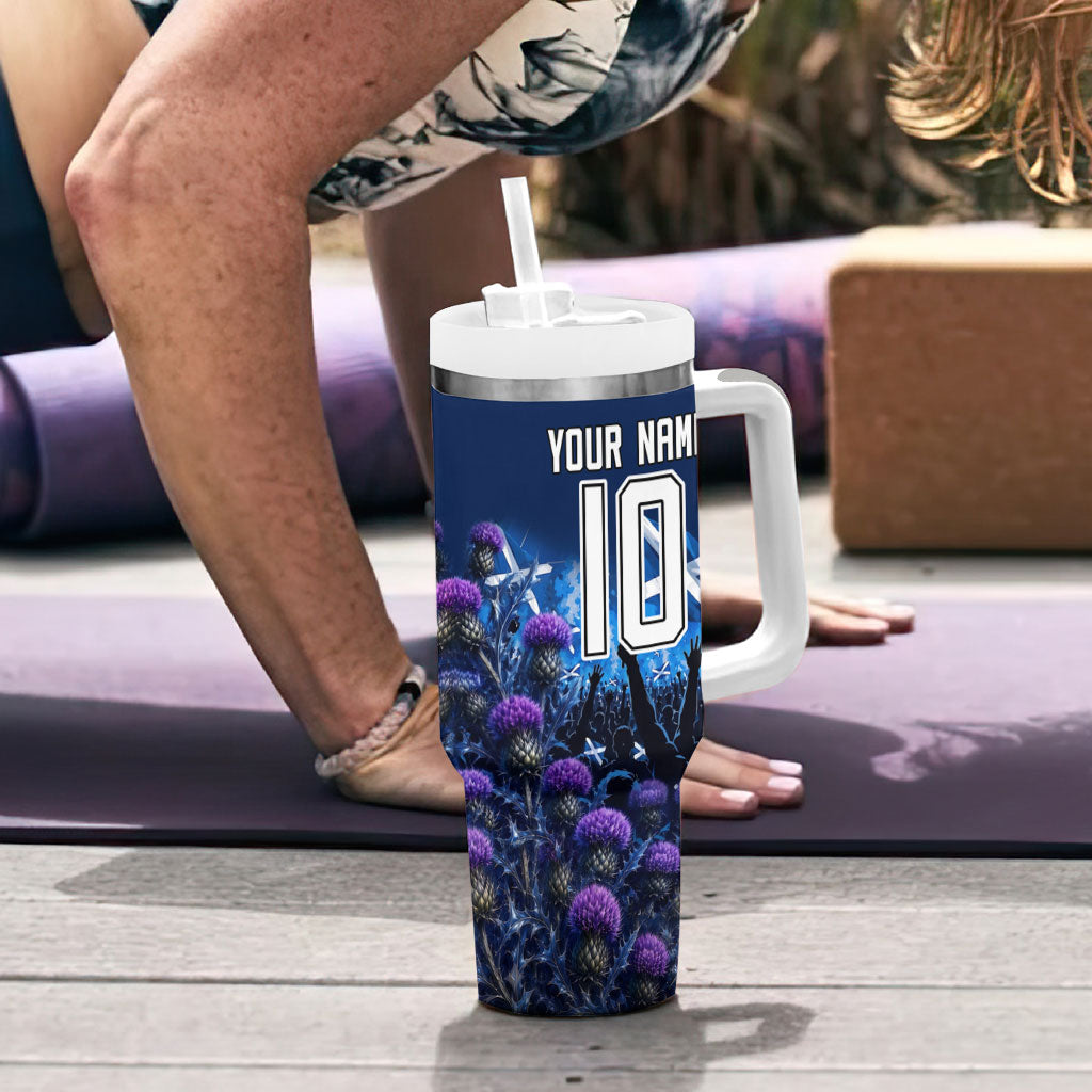 Personalized Scotland Red Lion Soccer Tumbler With Handle Scottish Saltire Flag Purple Thistle Cheering Fans
