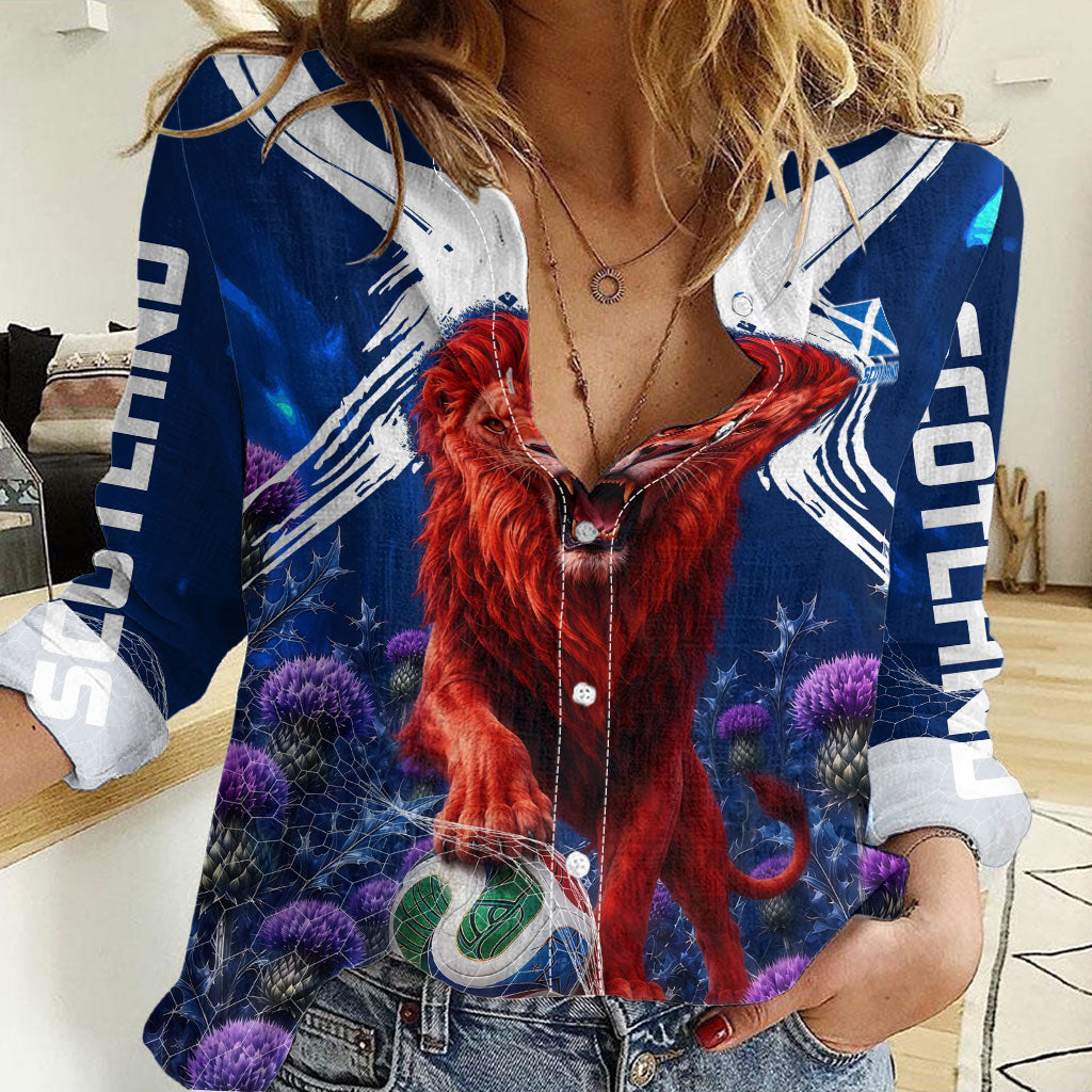 Personalized Scotland Red Lion Soccer Women Casual Shirt Scottish Saltire Flag Purple Thistle Cheering Fans