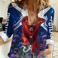 Personalized Scotland Red Lion Soccer Women Casual Shirt Scottish Saltire Flag Purple Thistle Cheering Fans