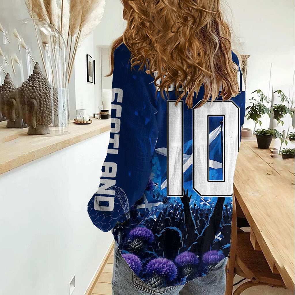 Personalized Scotland Red Lion Soccer Women Casual Shirt Scottish Saltire Flag Purple Thistle Cheering Fans