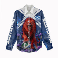 Personalized Scotland Red Lion Soccer Women Casual Shirt Scottish Saltire Flag Purple Thistle Cheering Fans