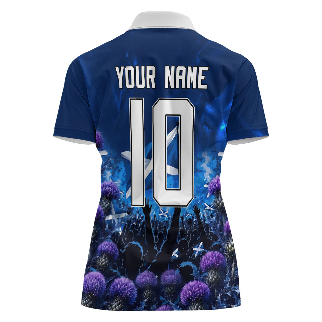 Personalized Scotland Red Lion Soccer Women Polo Shirt Scottish Saltire Flag Purple Thistle Cheering Fans
