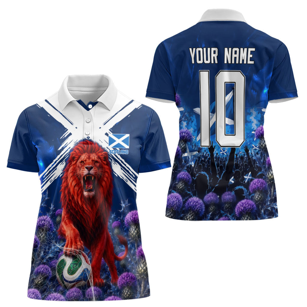 Personalized Scotland Red Lion Soccer Women Polo Shirt Scottish Saltire Flag Purple Thistle Cheering Fans