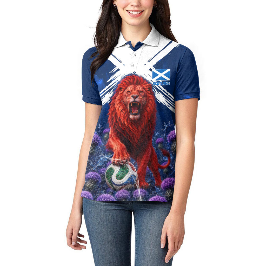 Personalized Scotland Red Lion Soccer Women Polo Shirt Scottish Saltire Flag Purple Thistle Cheering Fans