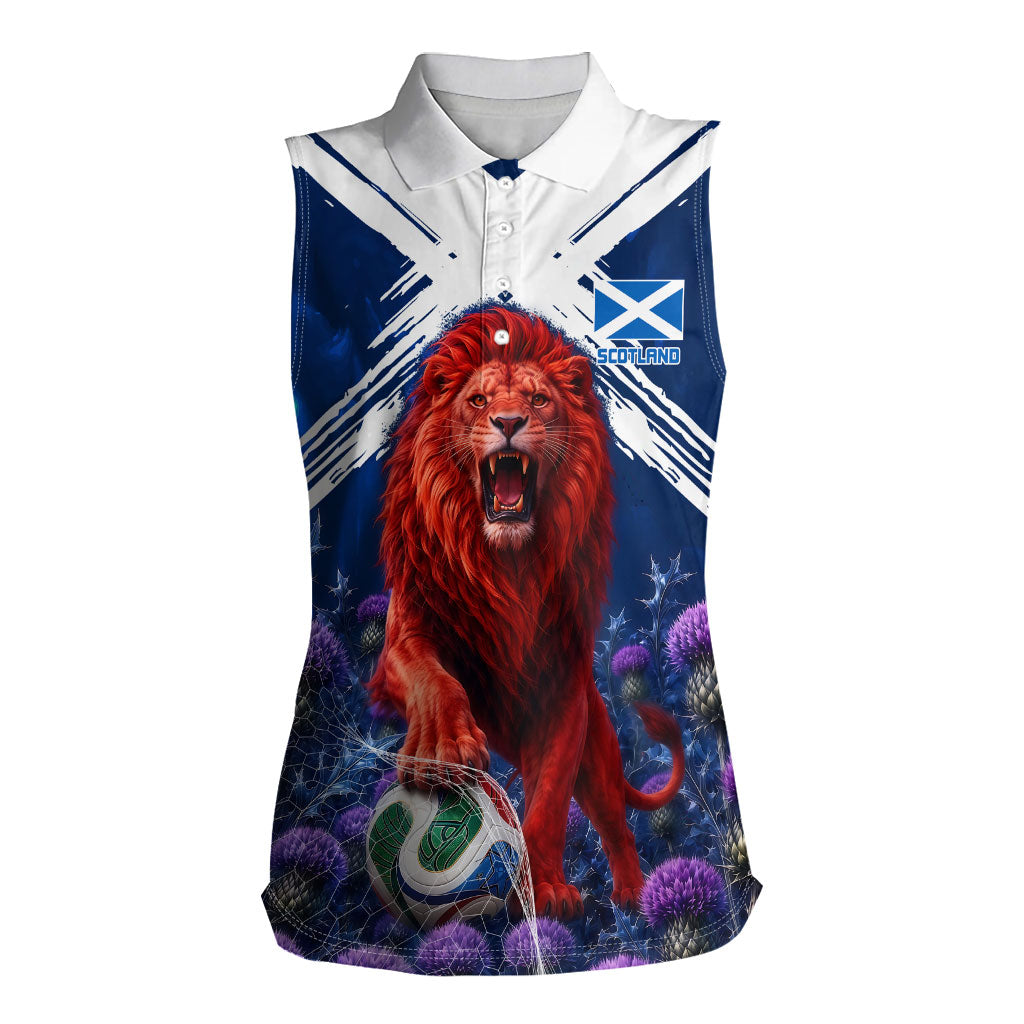 Personalized Scotland Red Lion Soccer Women Sleeveless Polo Shirt Scottish Saltire Flag Purple Thistle Cheering Fans