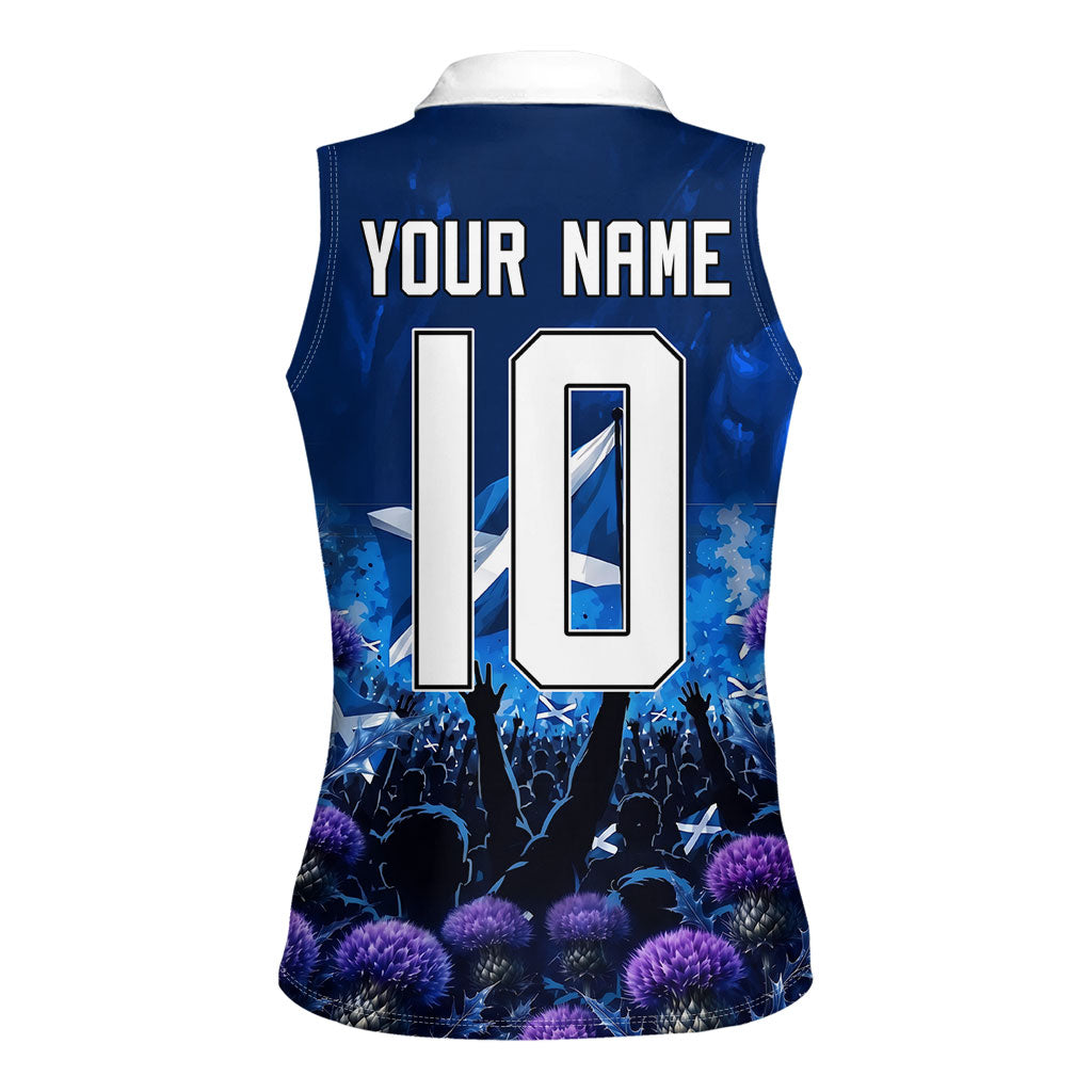 Personalized Scotland Red Lion Soccer Women Sleeveless Polo Shirt Scottish Saltire Flag Purple Thistle Cheering Fans