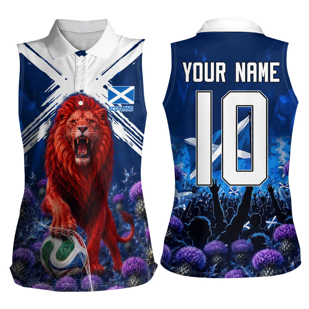 Personalized Scotland Red Lion Soccer Women Sleeveless Polo Shirt Scottish Saltire Flag Purple Thistle Cheering Fans