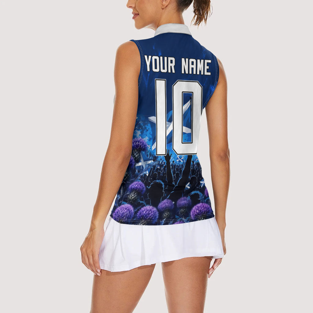 Personalized Scotland Red Lion Soccer Women Sleeveless Polo Shirt Scottish Saltire Flag Purple Thistle Cheering Fans
