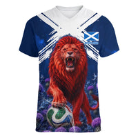 Personalized Scotland Red Lion Soccer Women V-Neck T-Shirt Scottish Saltire Flag Purple Thistle Cheering Fans