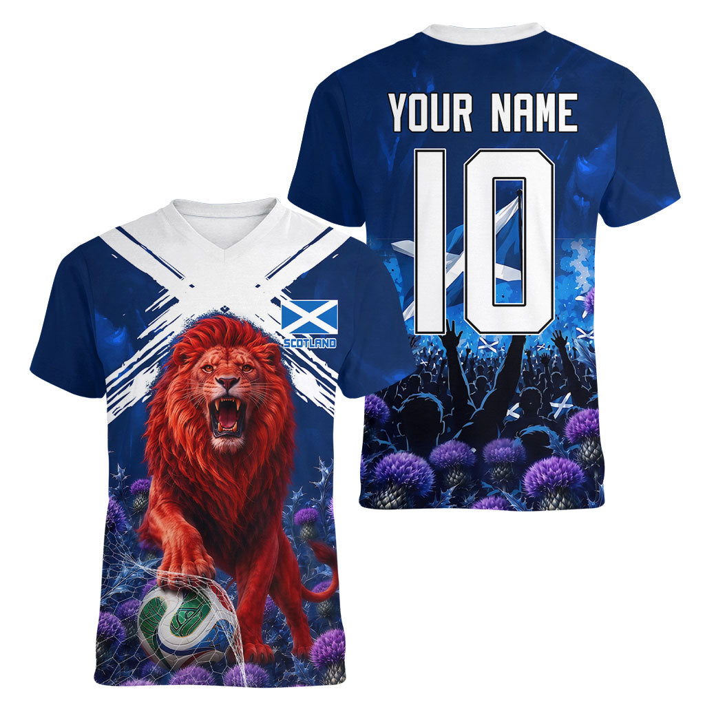 Personalized Scotland Red Lion Soccer Women V-Neck T-Shirt Scottish Saltire Flag Purple Thistle Cheering Fans