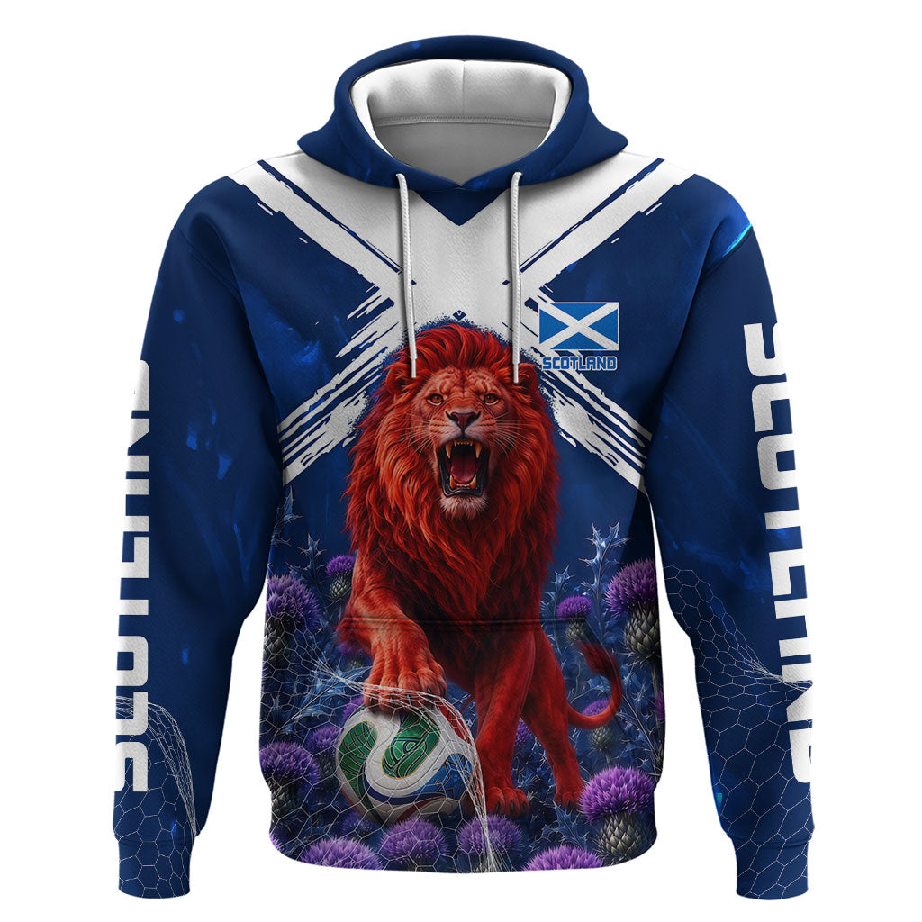 Personalized Scotland Red Lion Soccer Zip Hoodie Scottish Saltire Flag Purple Thistle Cheering Fans