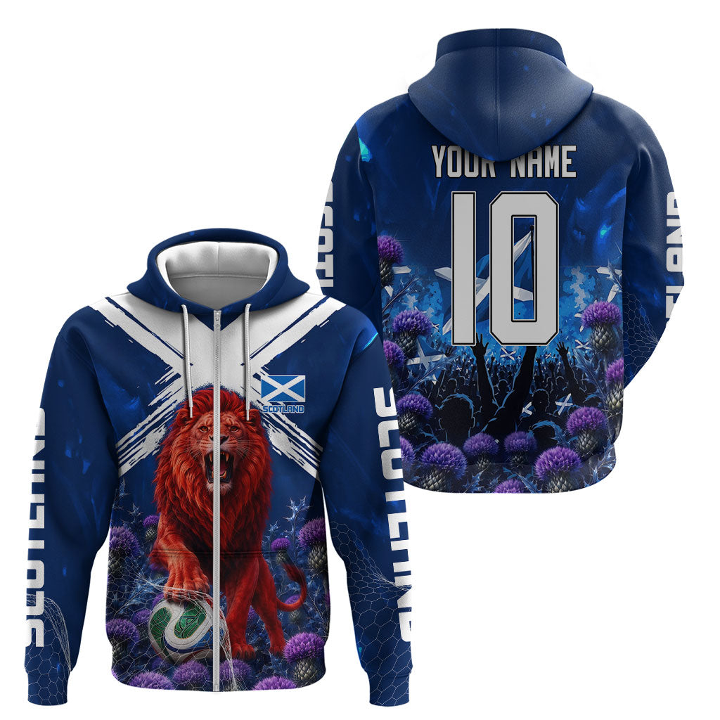 Personalized Scotland Red Lion Soccer Zip Hoodie Scottish Saltire Flag Purple Thistle Cheering Fans