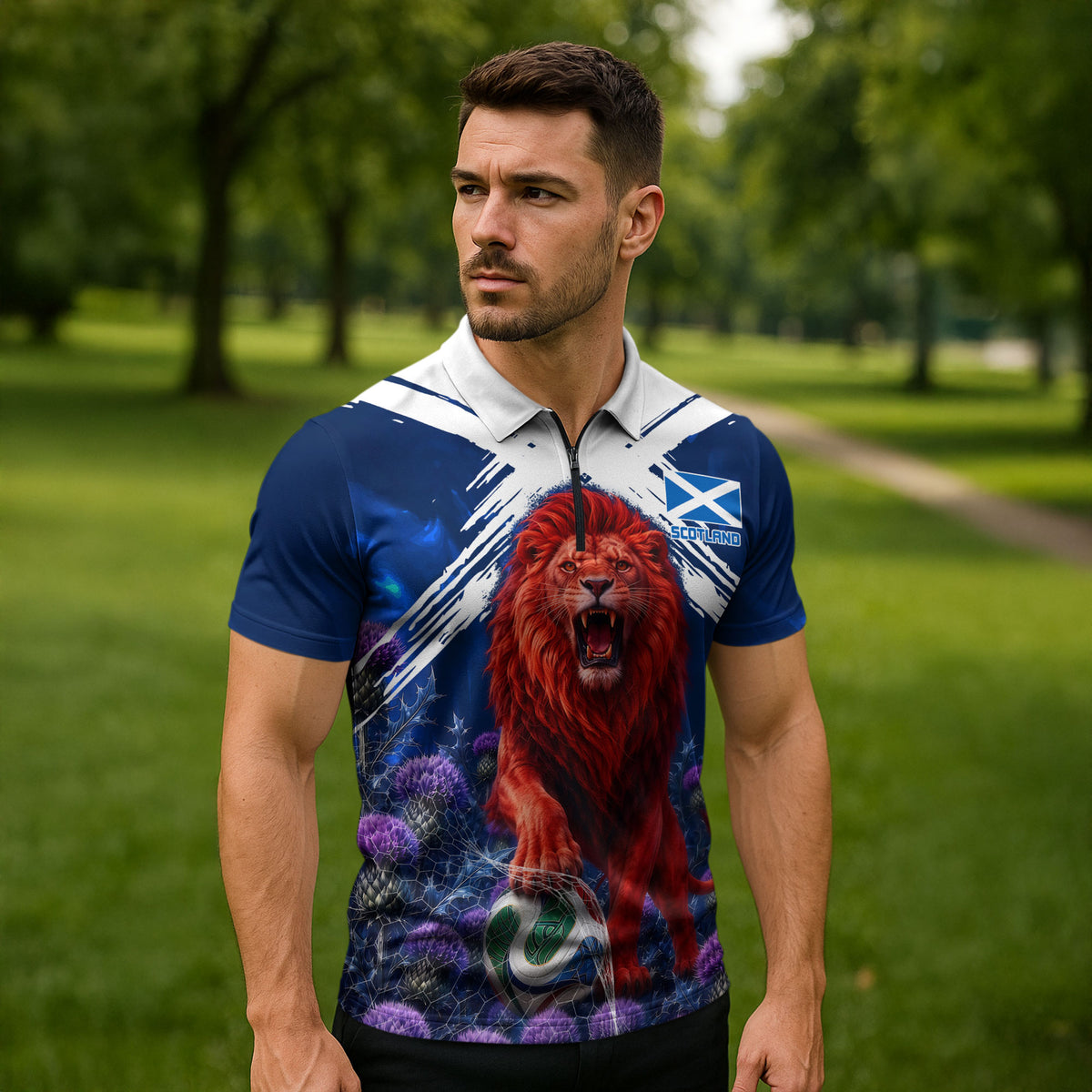 Personalized Scotland Red Lion Soccer Zipper Polo Shirt Scottish Saltire Flag Purple Thistle Cheering Fans