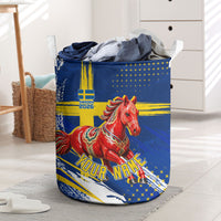 Personalized Sweden Dala Horse Soccer 2026 Laundry Basket Grunge Swedish Flag Brush Strokes