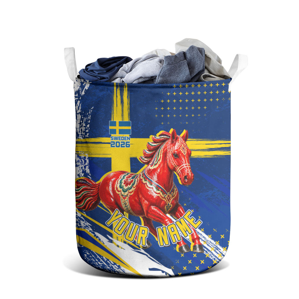 Personalized Sweden Dala Horse Soccer 2026 Laundry Basket Grunge Swedish Flag Brush Strokes
