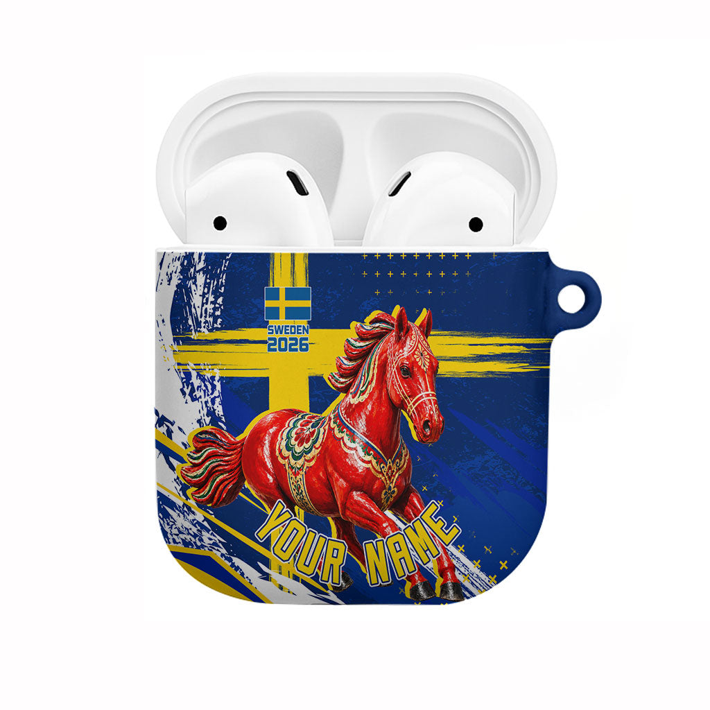 Personalized Sweden Dala Horse Soccer 2026 AirPods Case Grunge Swedish Flag Brush Strokes