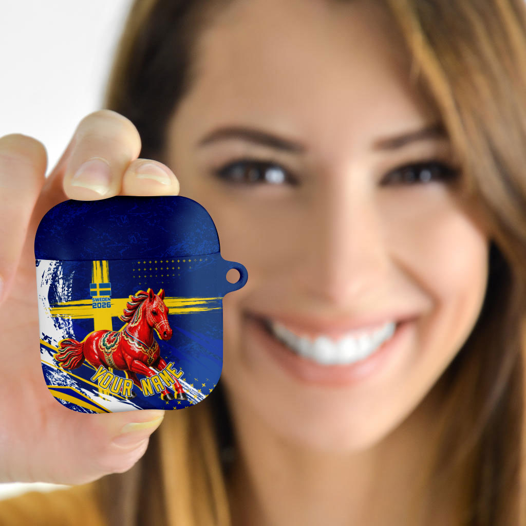 Personalized Sweden Dala Horse Soccer 2026 AirPods Case Grunge Swedish Flag Brush Strokes