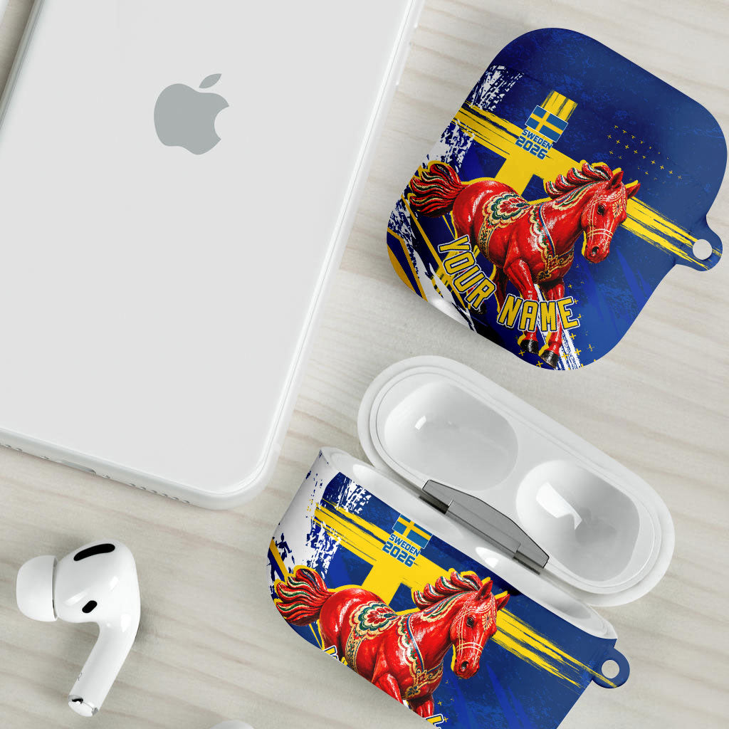 Personalized Sweden Dala Horse Soccer 2026 AirPods Case Grunge Swedish Flag Brush Strokes