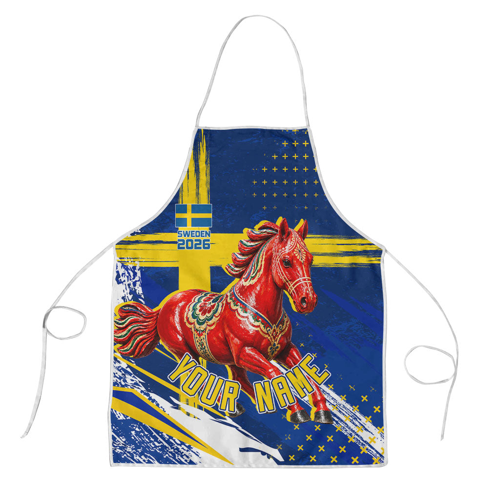 Personalized Sweden Dala Horse Soccer 2026 Apron Grunge Swedish Flag Brush Strokes