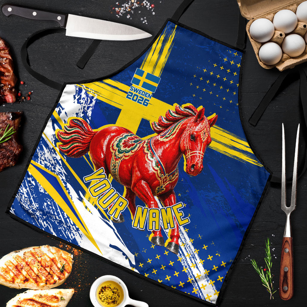 Personalized Sweden Dala Horse Soccer 2026 Apron Grunge Swedish Flag Brush Strokes