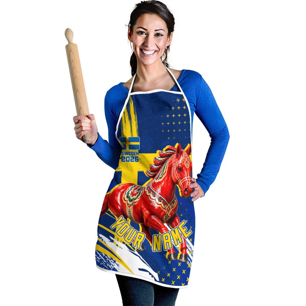 Personalized Sweden Dala Horse Soccer 2026 Apron Grunge Swedish Flag Brush Strokes