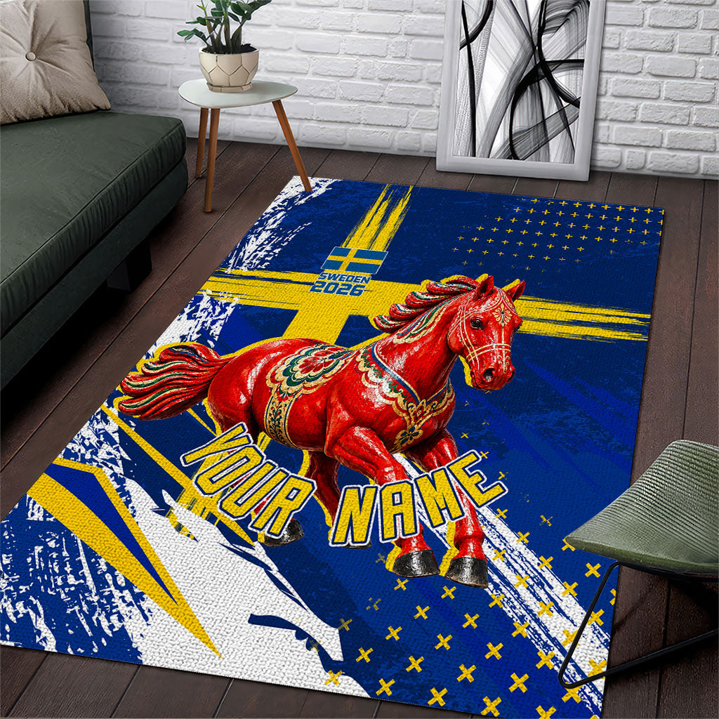 Personalized Sweden Dala Horse Soccer 2026 Area Rug Grunge Swedish Flag Brush Strokes