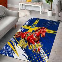 Personalized Sweden Dala Horse Soccer 2026 Area Rug Grunge Swedish Flag Brush Strokes