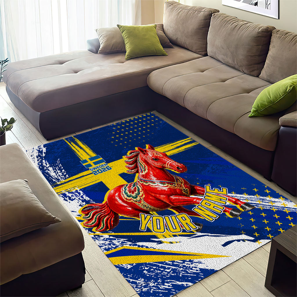 Personalized Sweden Dala Horse Soccer 2026 Area Rug Grunge Swedish Flag Brush Strokes