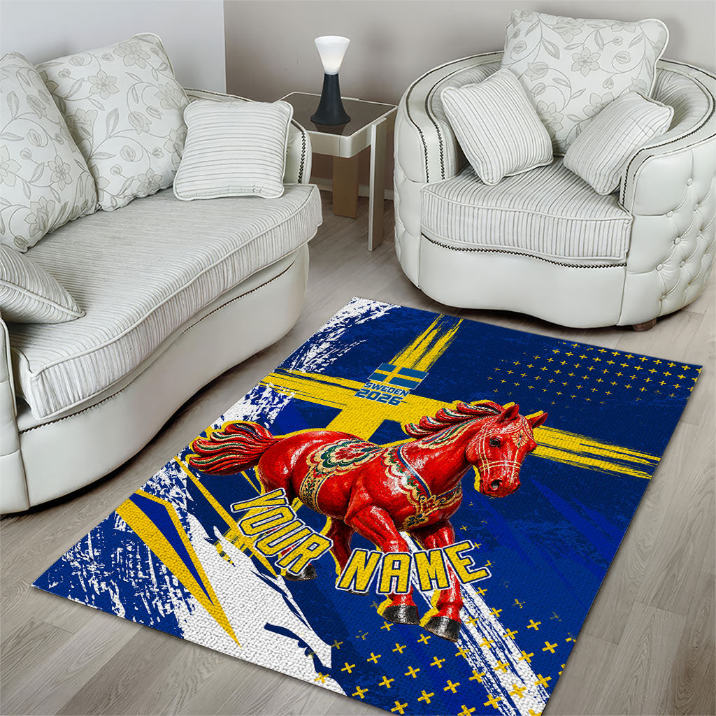 Personalized Sweden Dala Horse Soccer 2026 Area Rug Grunge Swedish Flag Brush Strokes