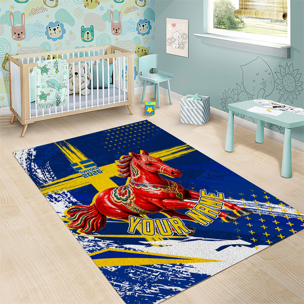 Personalized Sweden Dala Horse Soccer 2026 Area Rug Grunge Swedish Flag Brush Strokes