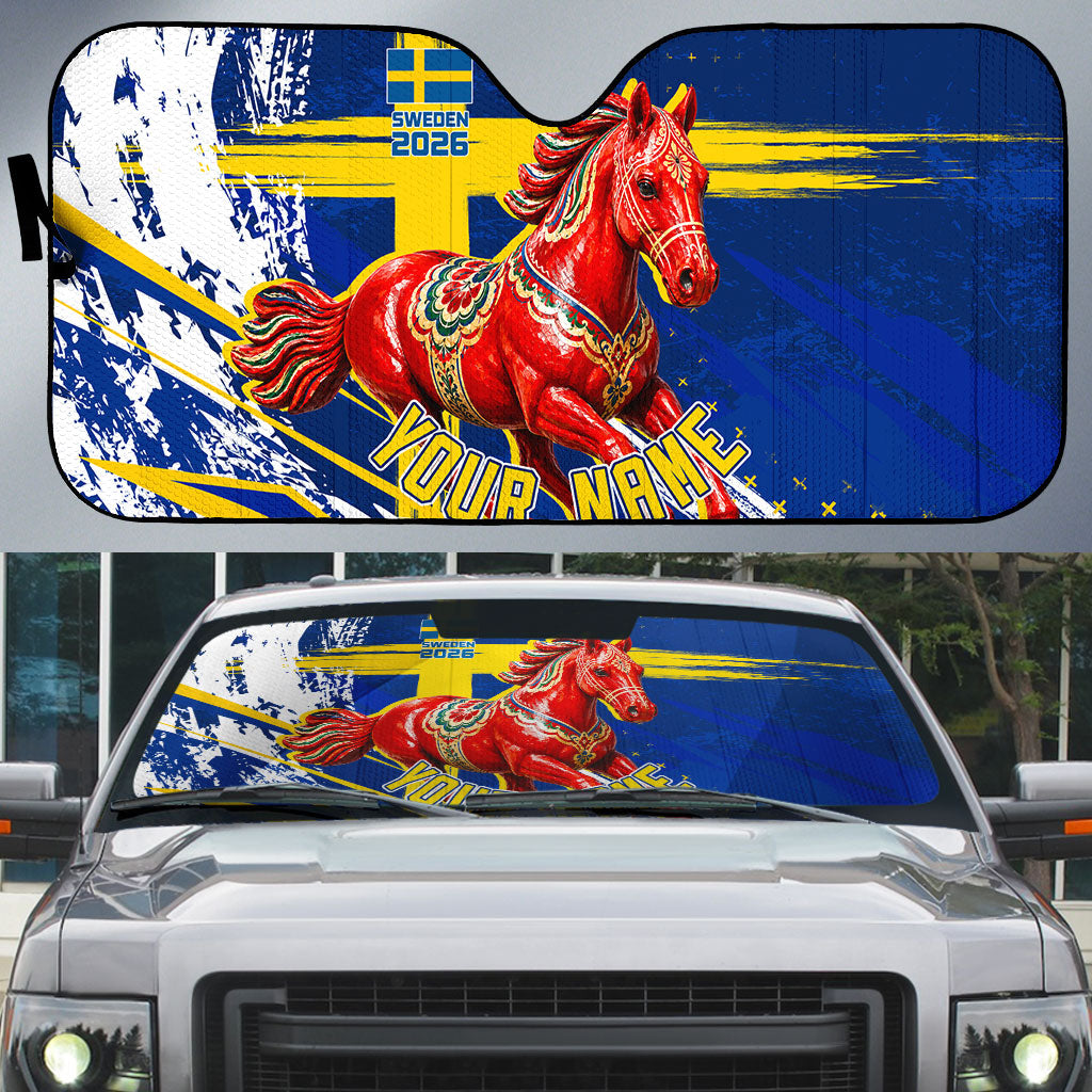 Personalized Sweden Dala Horse Soccer 2026 Auto Sun Shade Grunge Swedish Flag Brush Strokes
