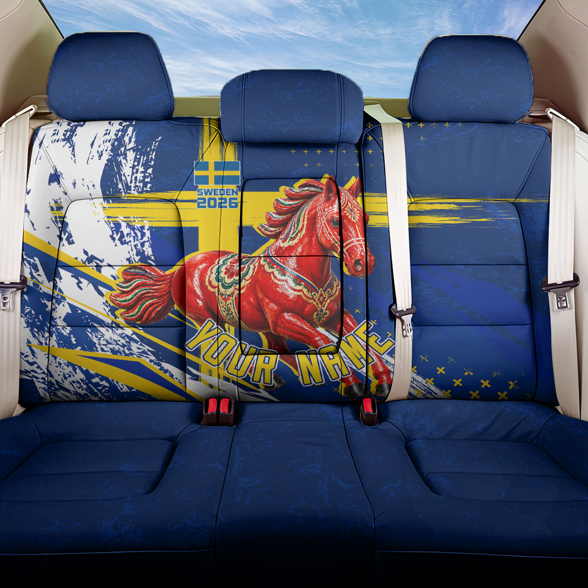 Personalized Sweden Dala Horse Soccer 2026 Back Car Seat Cover Grunge Swedish Flag Brush Strokes