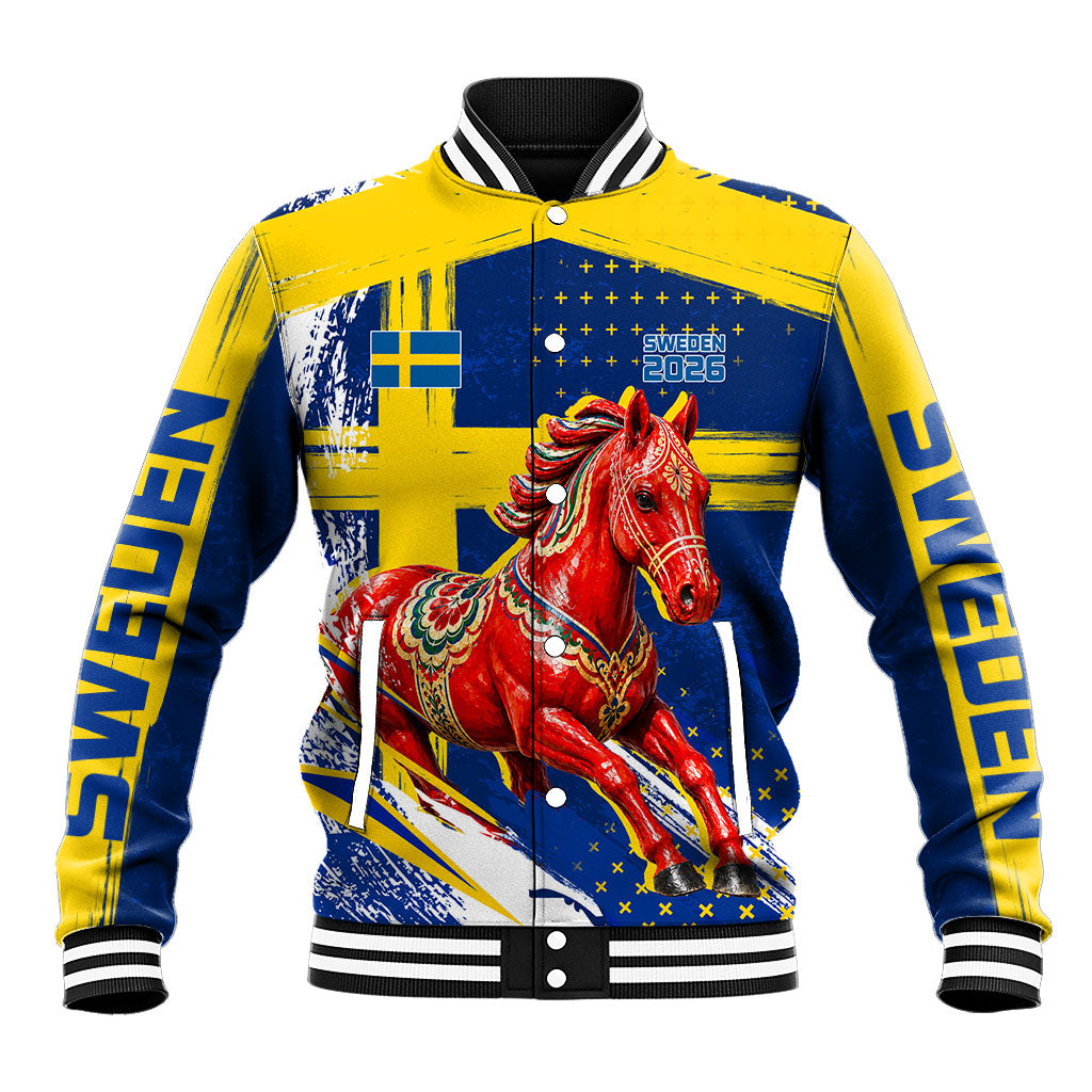 Personalized Sweden Dala Horse Soccer 2026 Baseball Jacket Grunge Swedish Flag Brush Strokes