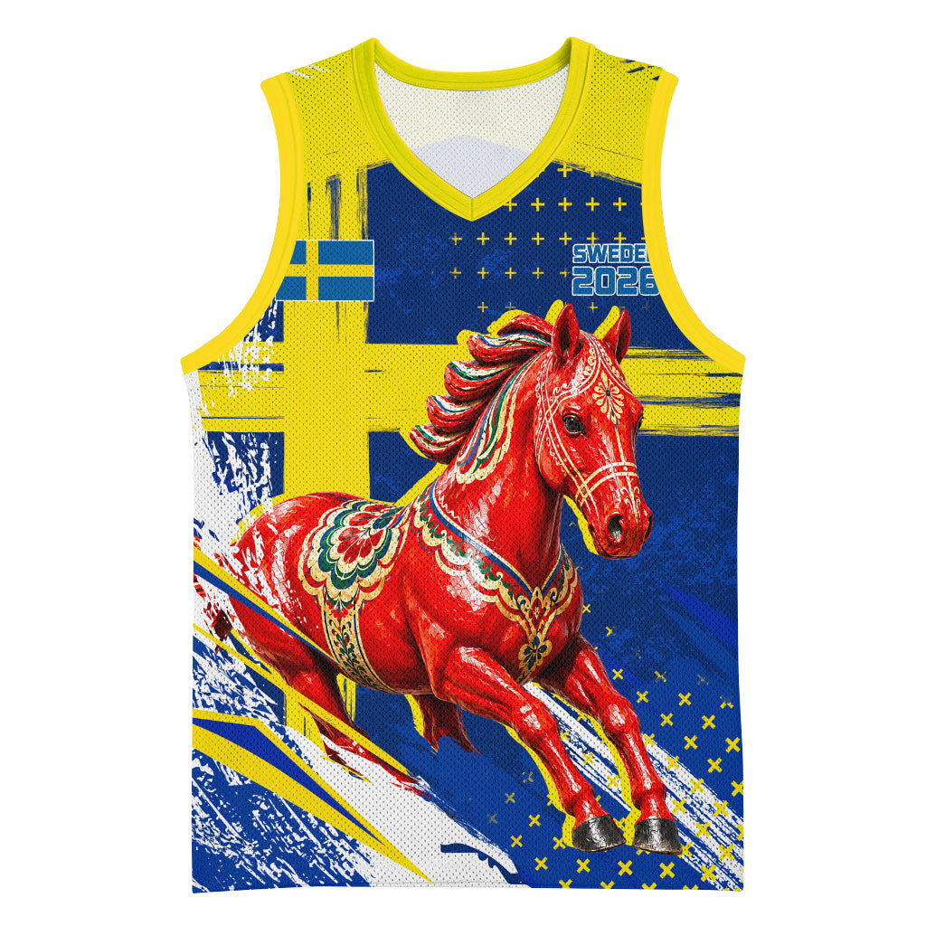 Personalized Sweden Dala Horse Soccer 2026 Basketball Jersey Grunge Swedish Flag Brush Strokes