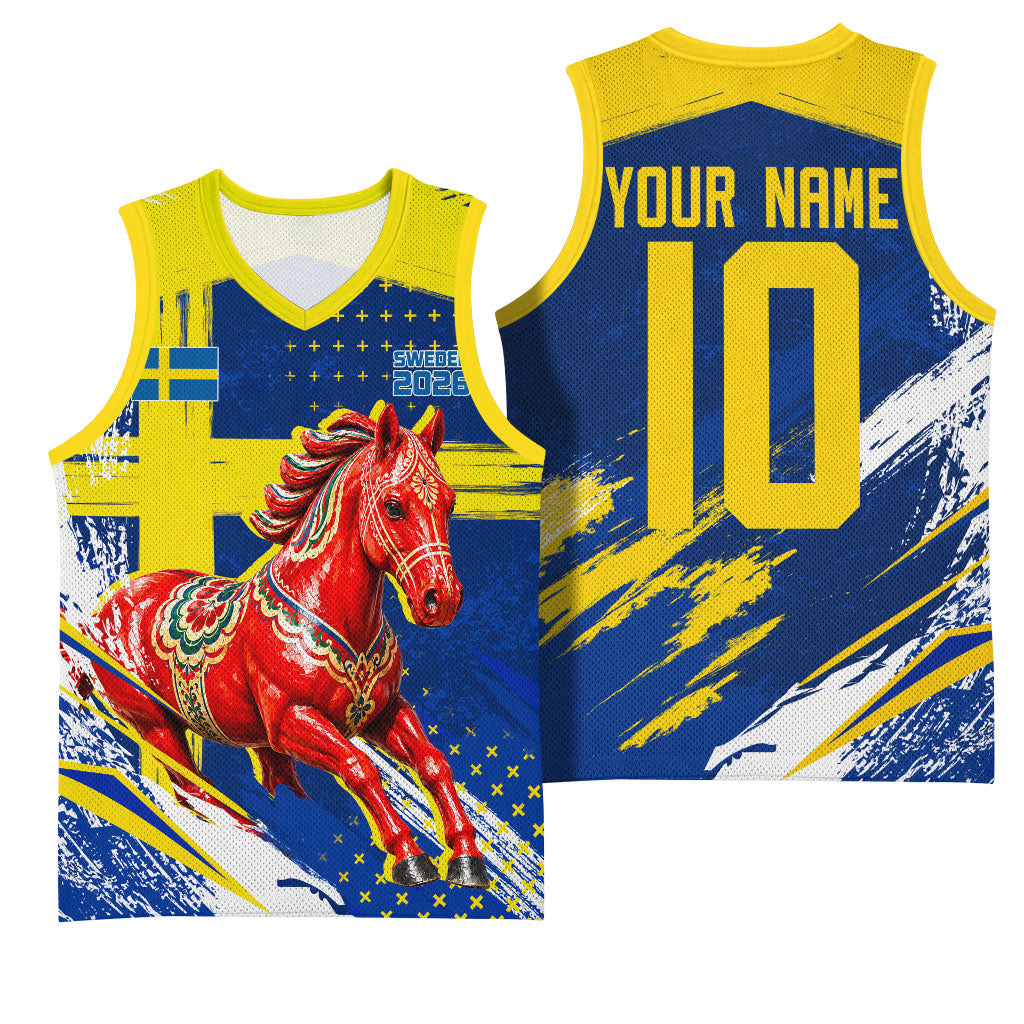 Personalized Sweden Dala Horse Soccer 2026 Basketball Jersey Grunge Swedish Flag Brush Strokes