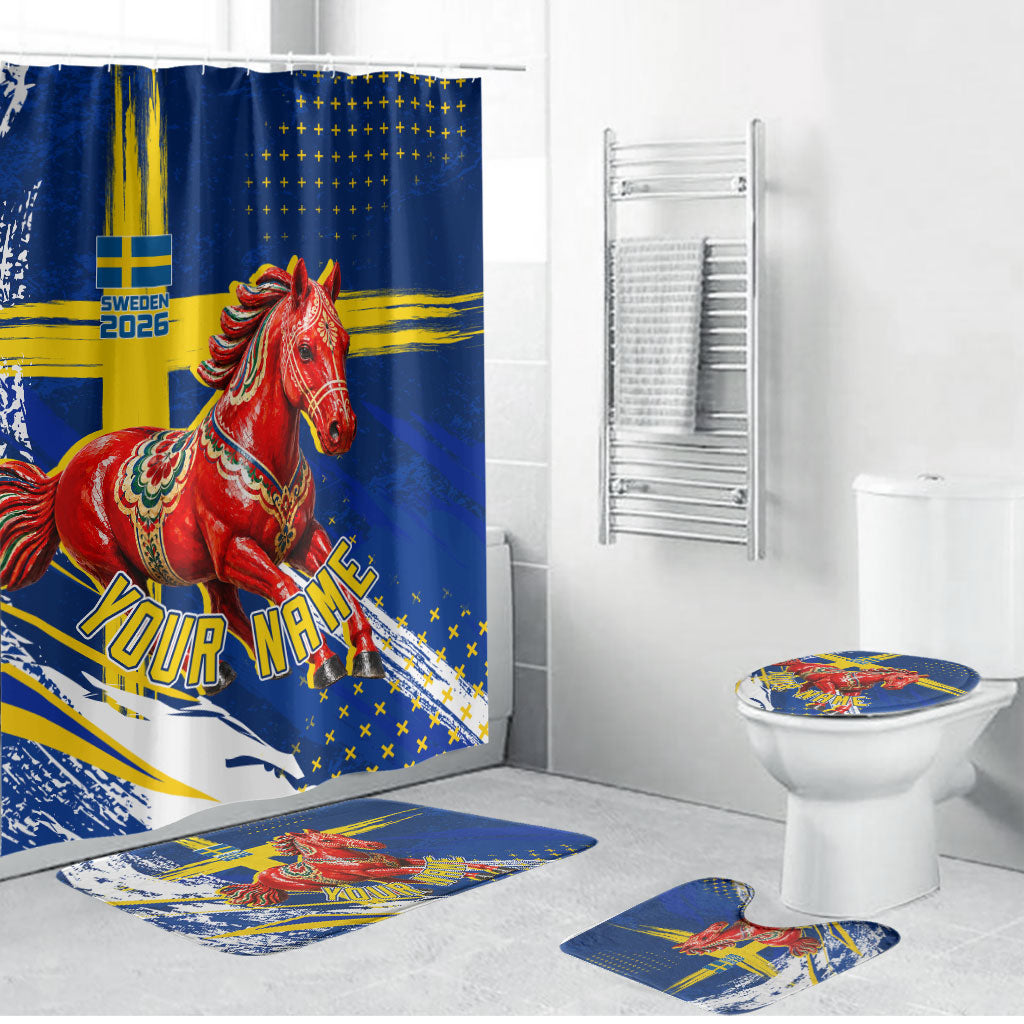 Personalized Sweden Dala Horse Soccer 2026 Bathroom Set Grunge Swedish Flag Brush Strokes