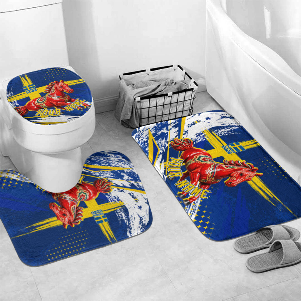 Personalized Sweden Dala Horse Soccer 2026 Bathroom Set Grunge Swedish Flag Brush Strokes