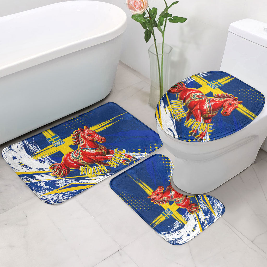 Personalized Sweden Dala Horse Soccer 2026 Bathroom Set Grunge Swedish Flag Brush Strokes