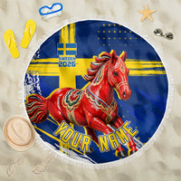 Personalized Sweden Dala Horse Soccer 2026 Beach Blanket Grunge Swedish Flag Brush Strokes