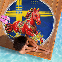 Personalized Sweden Dala Horse Soccer 2026 Beach Blanket Grunge Swedish Flag Brush Strokes