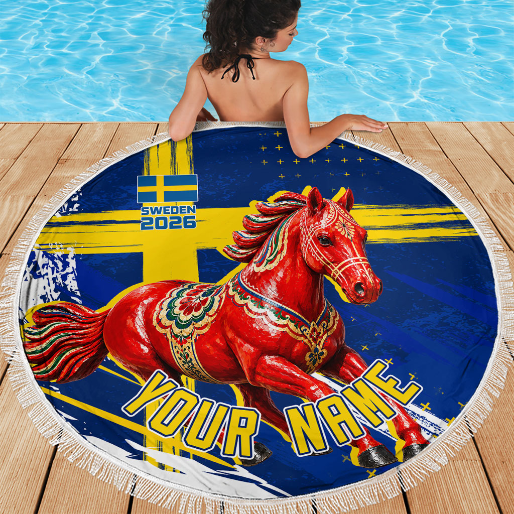 Personalized Sweden Dala Horse Soccer 2026 Beach Blanket Grunge Swedish Flag Brush Strokes