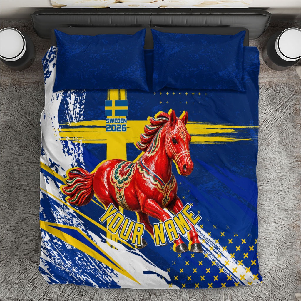 Personalized Sweden Dala Horse Soccer 2026 Bedding Set Grunge Swedish Flag Brush Strokes